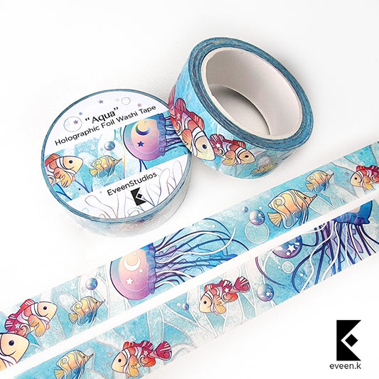 Aqua Sea Creature and Orange Blossom Tea, Silver Holographic Foil Washi Tape