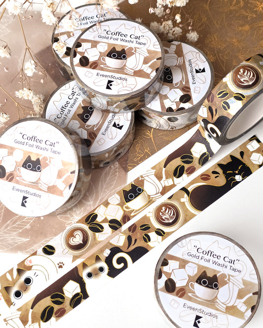 Coffee Cat, Gold Foil Washi Tape