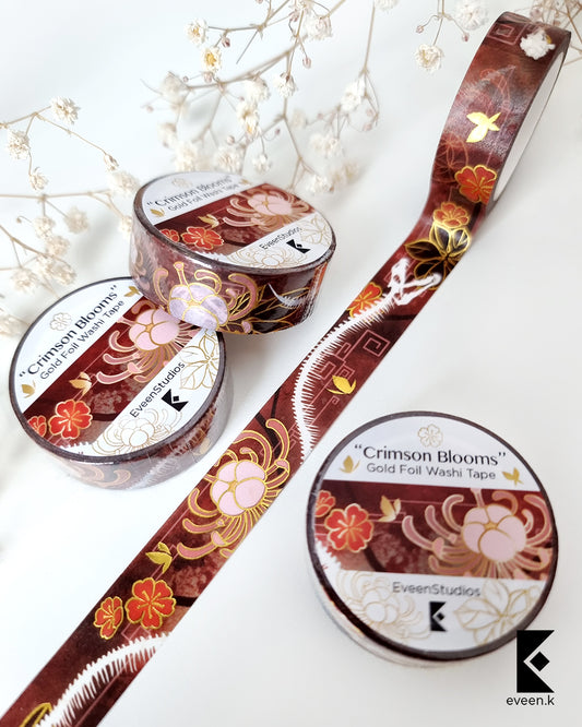 Hu Tao, Crimson Blooms Gold Foil Washi Tape