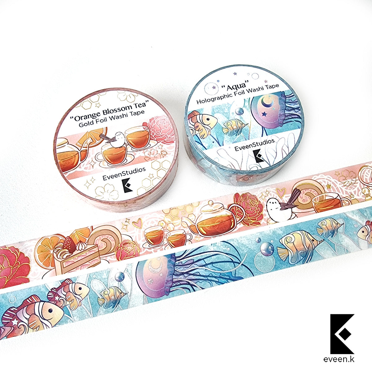 Aqua Sea Creature and Orange Blossom Tea, Silver Holographic Foil Washi Tape