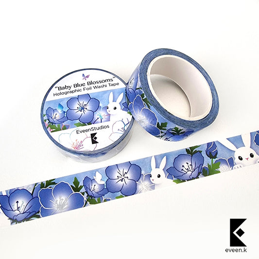 Baby Blue Blossom, Silver Holographic Foil Washi Tape