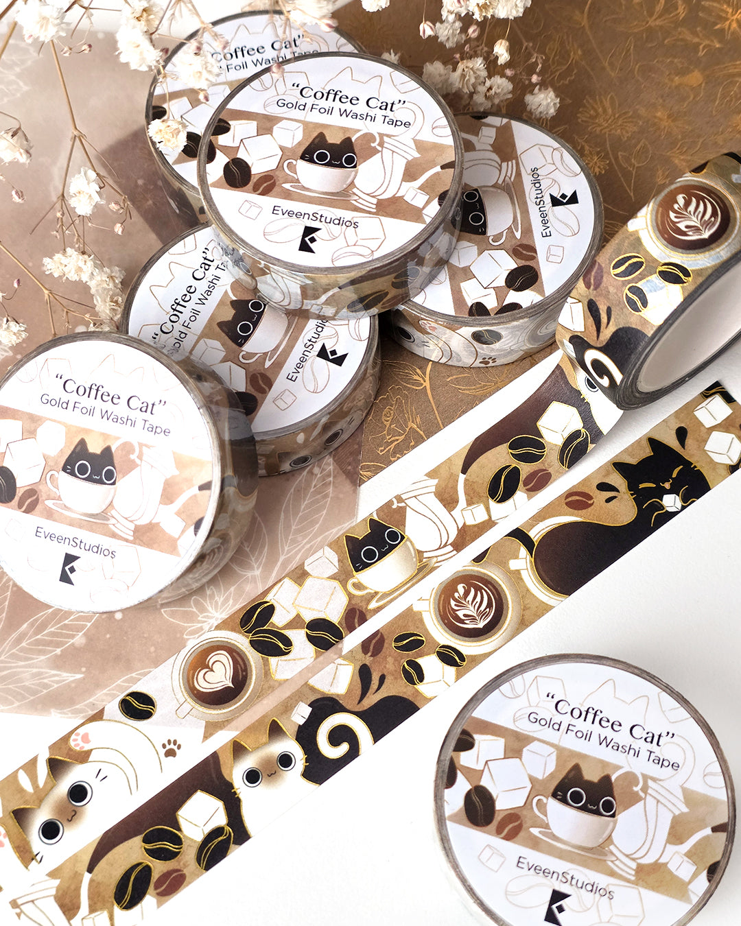Coffee Cat, Gold Foil Washi Tape