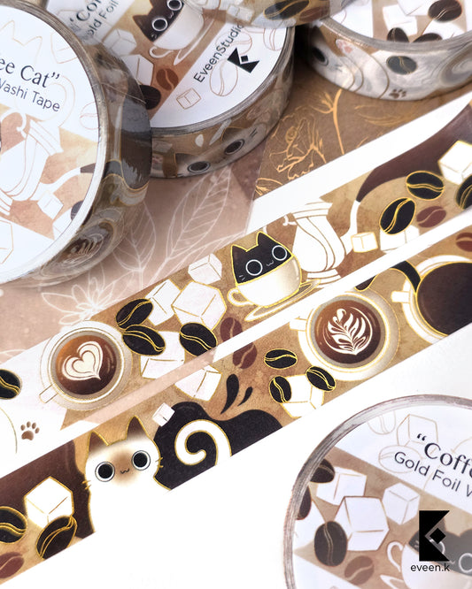 Coffee Cat, Gold Foil Washi Tape