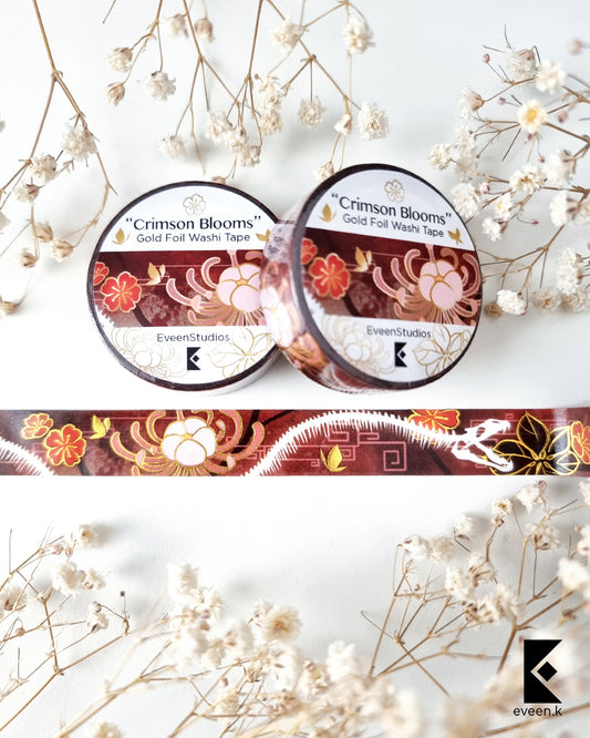 Hu Tao, Crimson Blooms Gold Foil Washi Tape