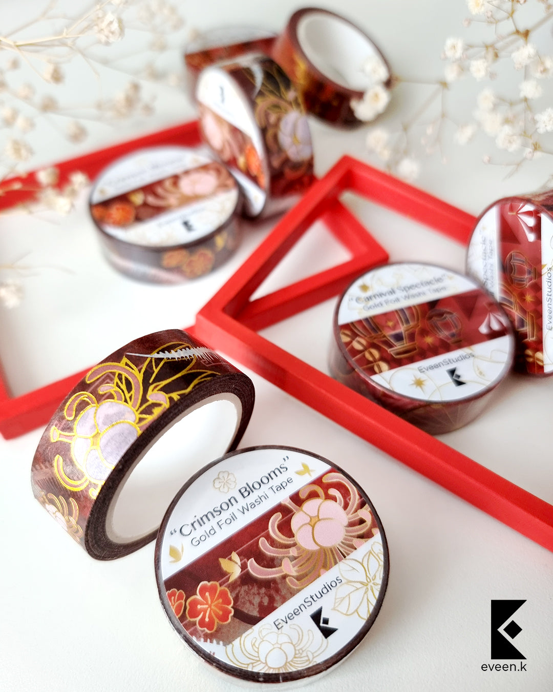 Hu Tao, Crimson Blooms Gold Foil Washi Tape